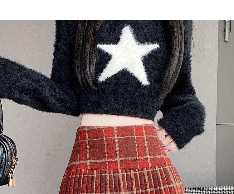 High Waist Plaid Pleated Mini A-Line Skirt Product Image