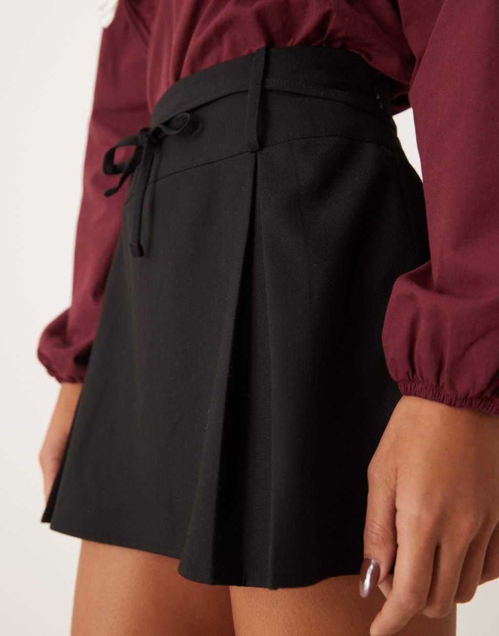 ASOS DESIGN tailored box pleats tie waist mini skirt in black Product Image