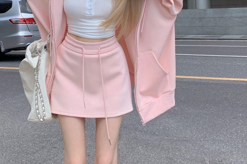 Plain Zip Oversized Hoodie / High Waist Plain Mini A-Line Skirt Product Image