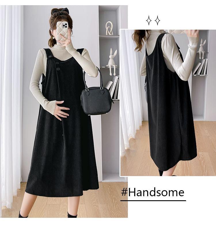 Maternity Mock Neck Plain Ribbed Sweater / Midi Dungaree Dress / Set Product Image