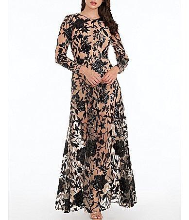 Dress the Population Ava Sequin Floral Embroidered Long Sleeve Gown Product Image