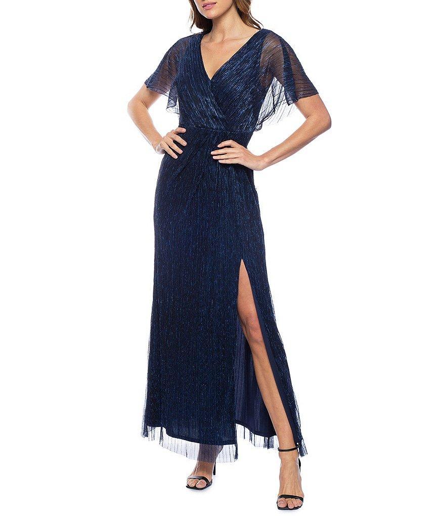 Marina Short Flutter Sleeve V-Neck Front Slit Metallic Mesh Gown Product Image