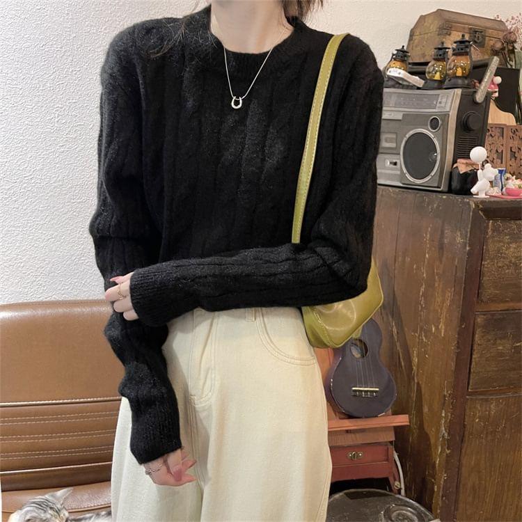 Round Neck Plain Cable Knit Crop Sweater Product Image