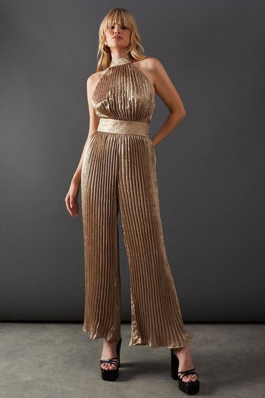 Lame Metallic High Neck Pleated Jumpsuit Product Image