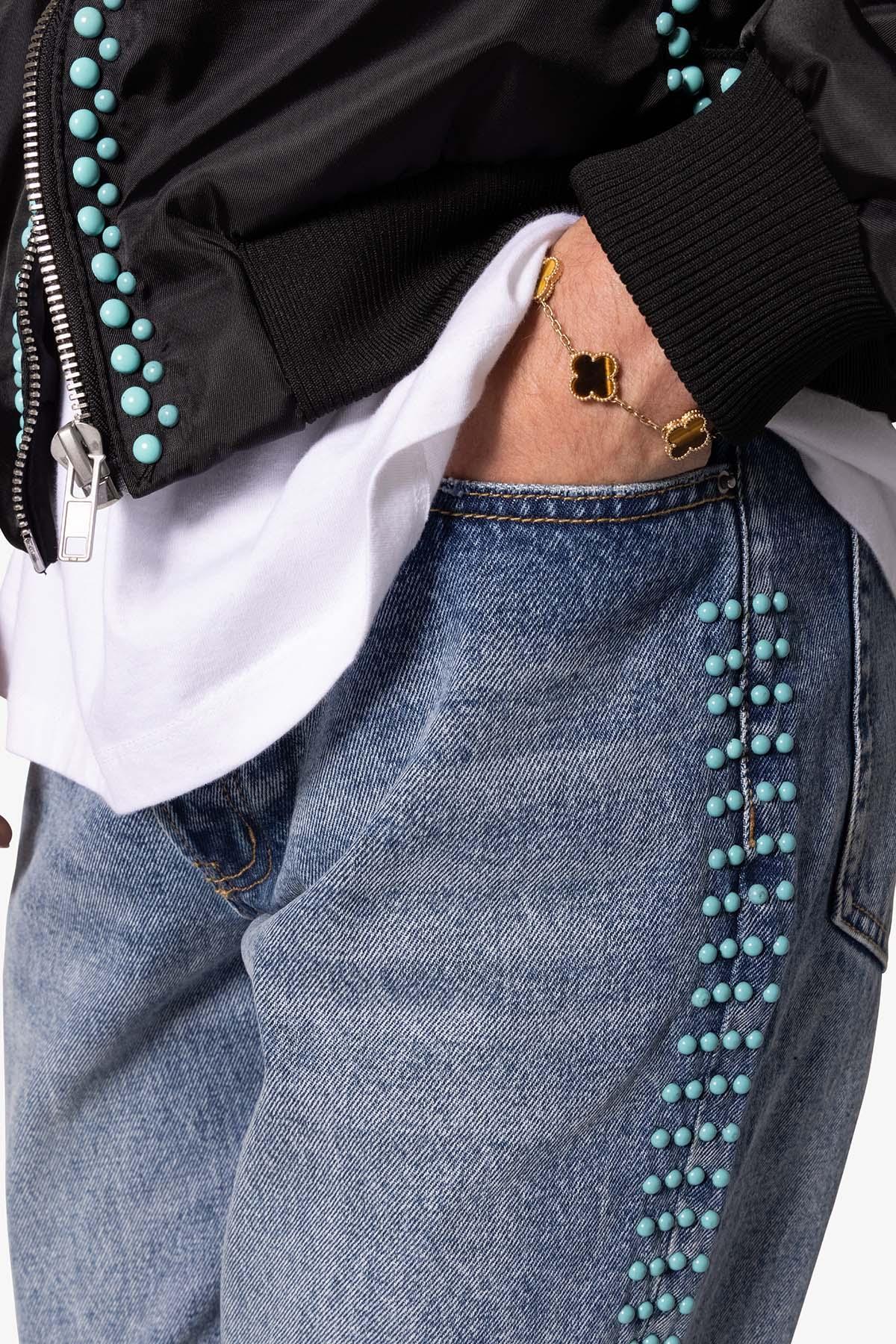 B697 Turquoise Studded Flare Denim - Blue Product Image