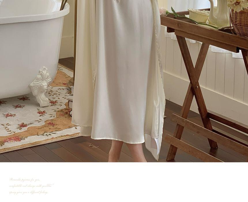 Pajama Set: Plain Lace Trim Robe + Spaghetti Strap Night Dress Product Image