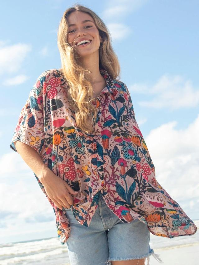 Kelly Oversized Cotton Button Down - Light Pink Multi Floral Product Image