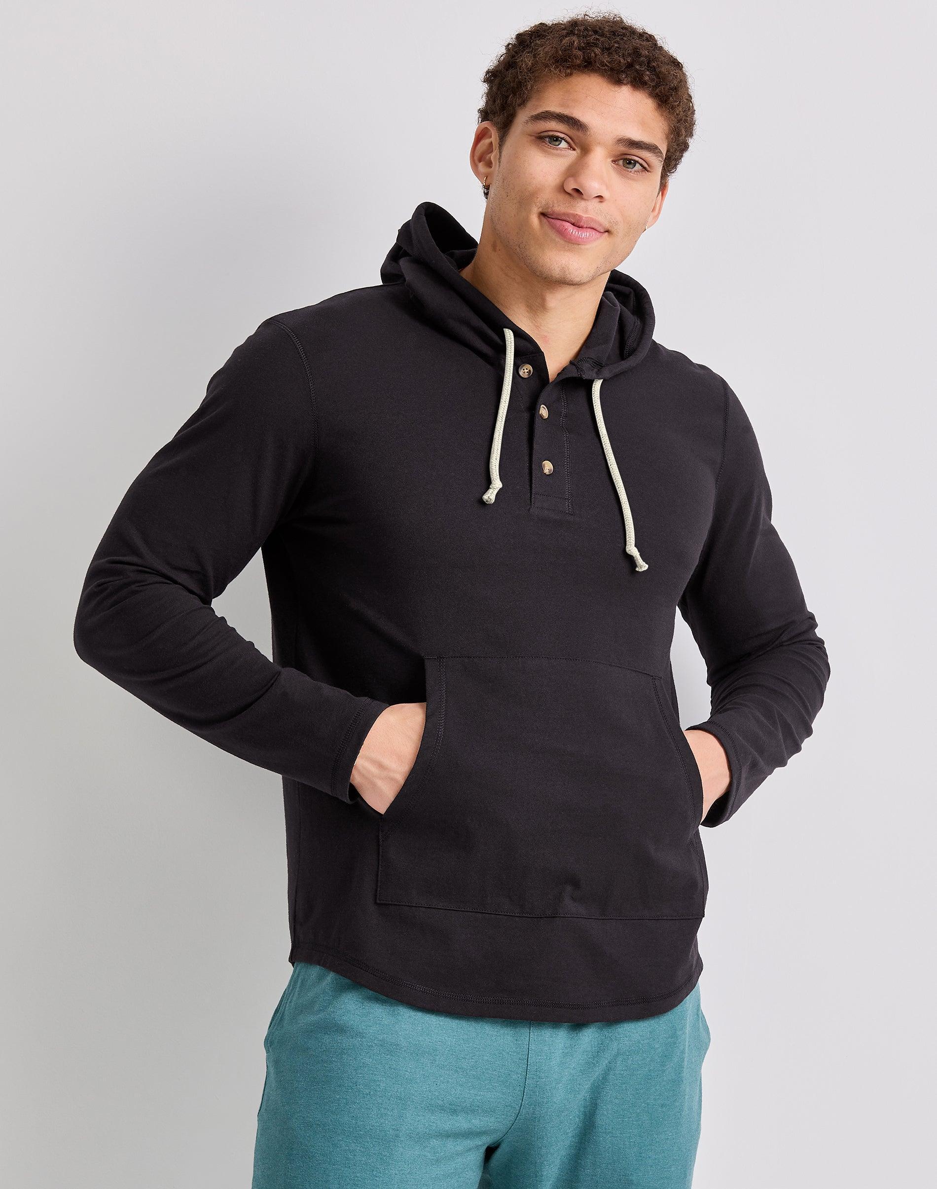 Mens Hanes Originals Cotton Henley Hoodie Green Product Image