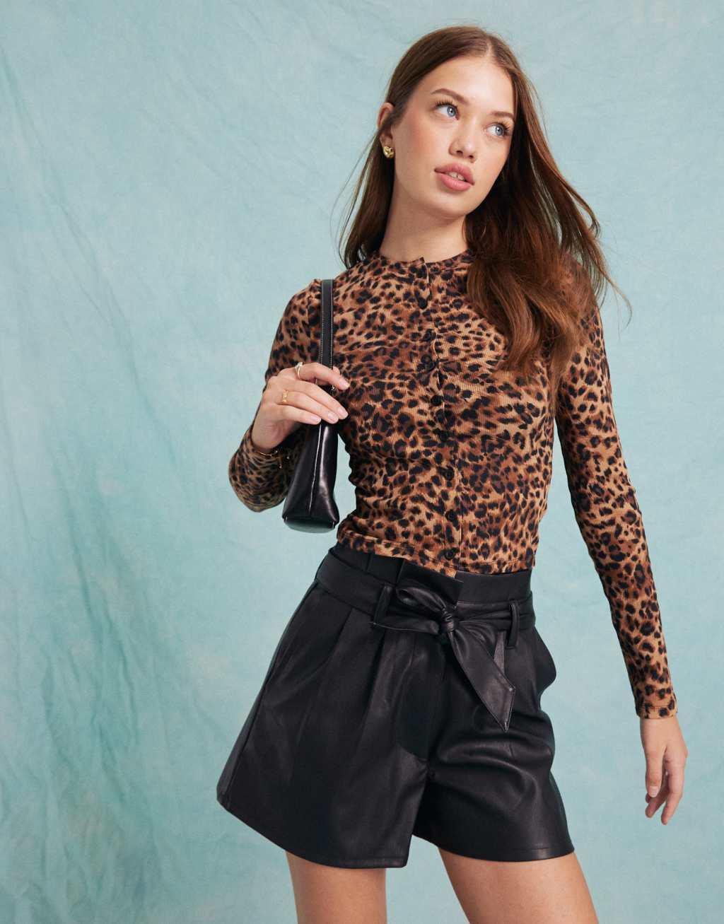 Miss Selfridge button through rib cardigan in leopard print product image