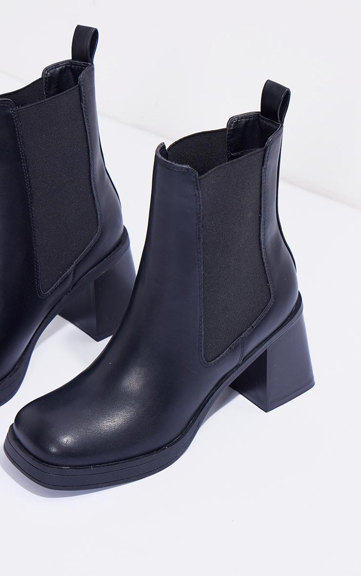 Black Faux Leather Square Toe Chunky Heeled Ankle Boots Product Image