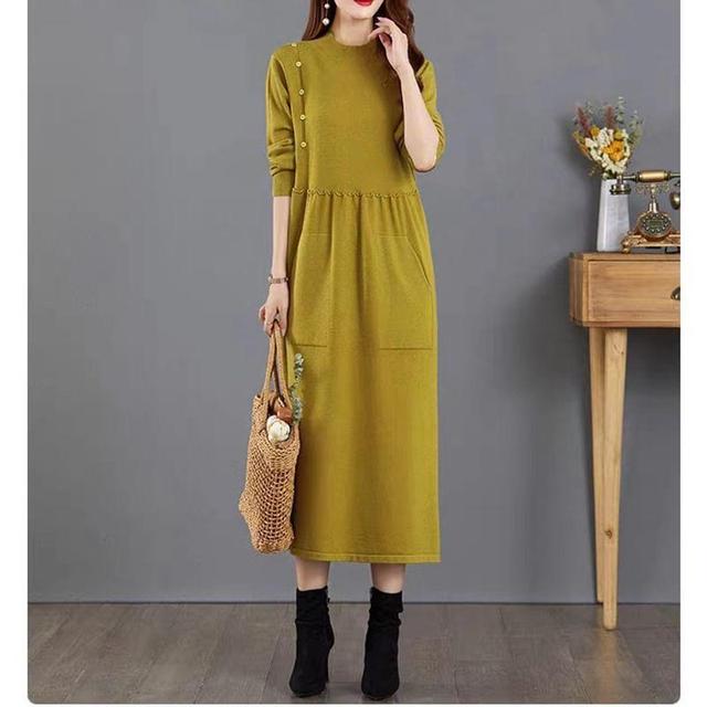 Long-Sleeve Plain Midi Sweater Dress Product Image