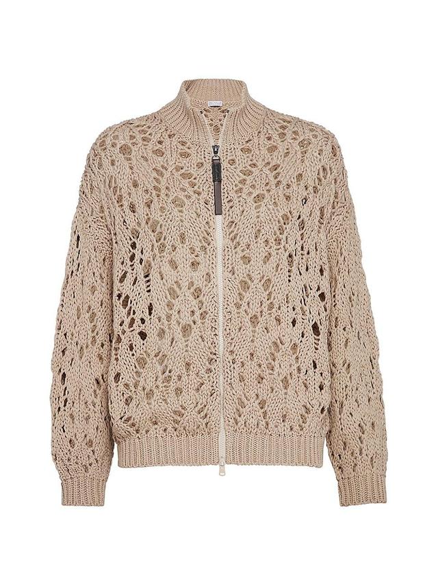 Womens Cotton Soft Feather Yarn Lace Stitch Cardigan With Precious Zipper Pull Product Image