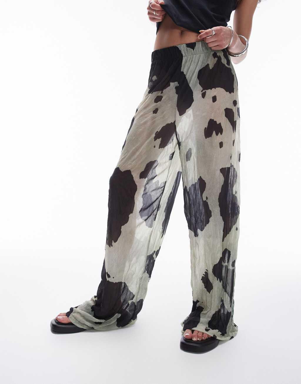 Topshop cow print sheer crinkle pants in multi Product Image