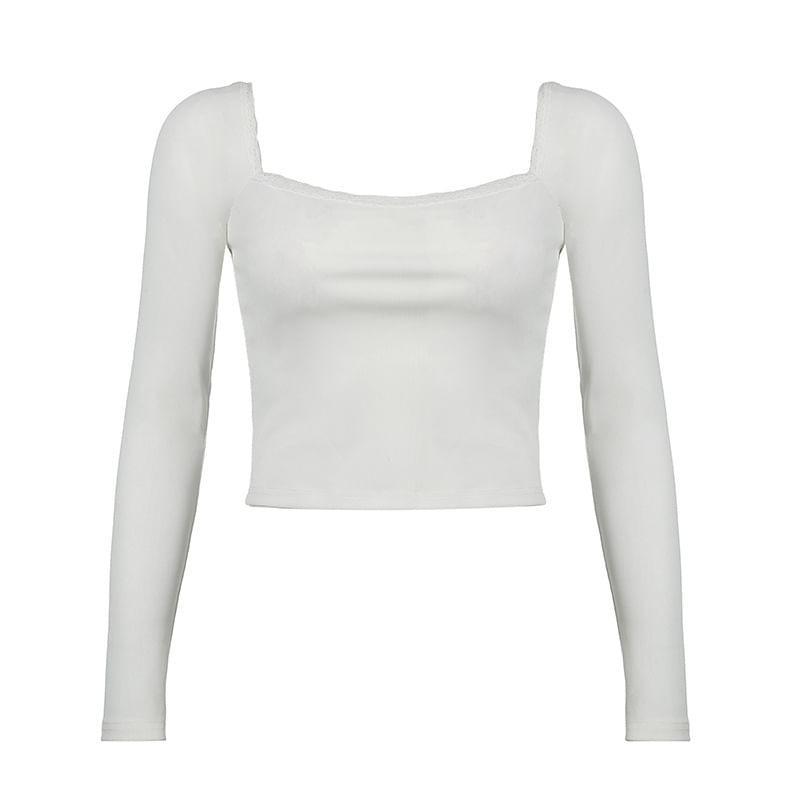 Long Sleeve Square-Neck Lace-Trim Plain Slim-Fit Crop Top Product Image