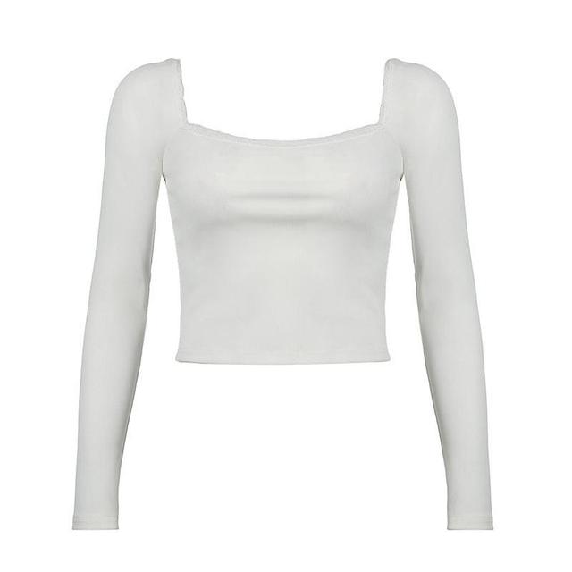 Long Sleeve Square-Neck Lace-Trim Plain Slim-Fit Crop Top Product Image