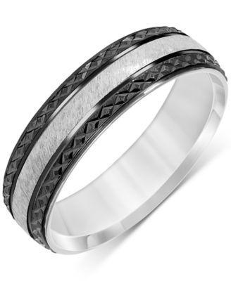 Mens Carved Two-Tone Wedding Band in Sterling Silver & Black Rhodium-Plate Product Image