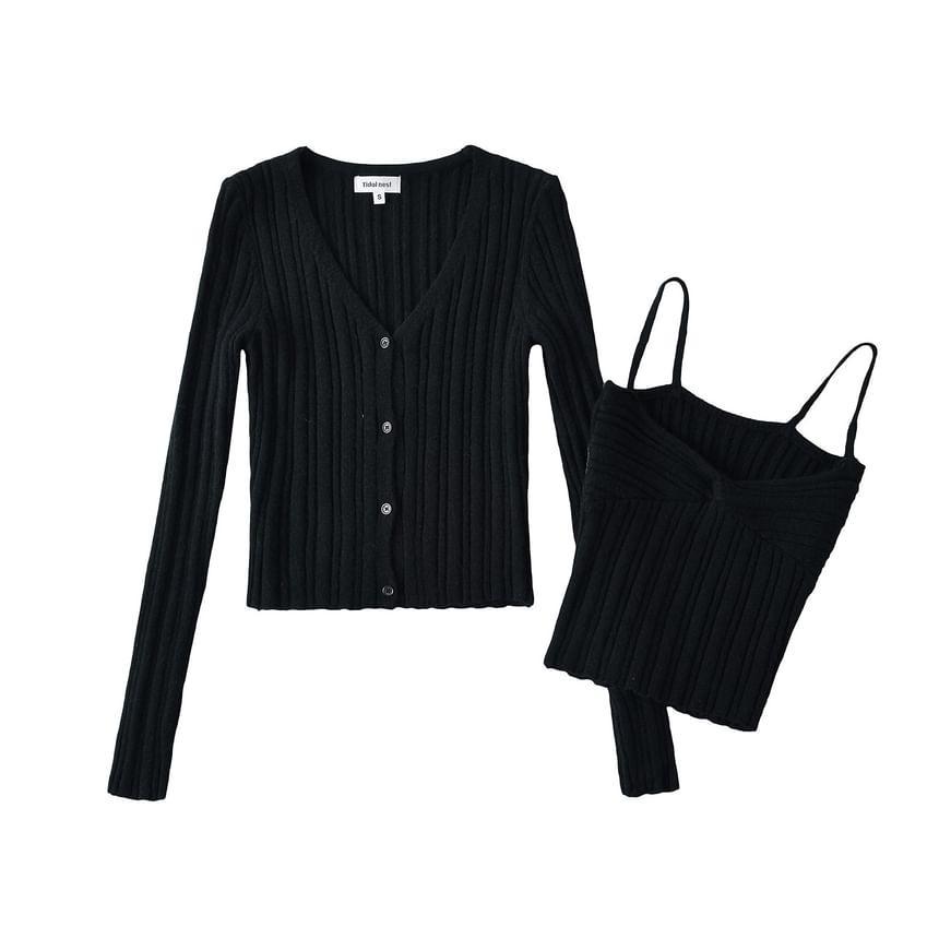 Set: Long-Sleeve V-Neck Plain Button Ribbed Knit Top + Knot Crop Cami Top Product Image