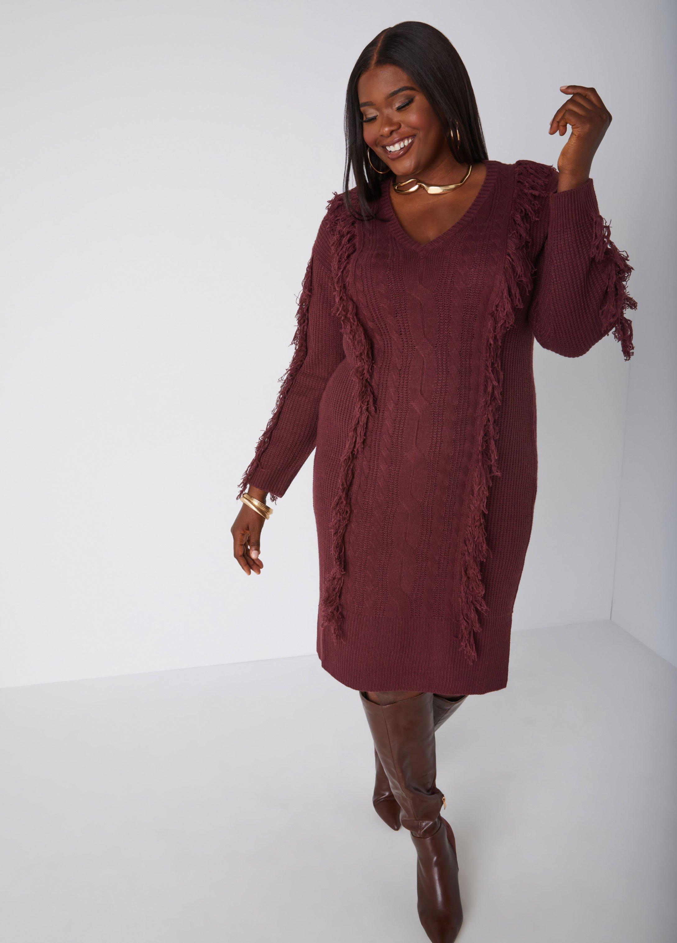 Plus Size Fringed Cable Knit Sweater Dress Ashley Stewart Product Image