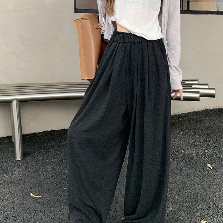 Elastic Waist Plain Wide Leg Pants Product Image