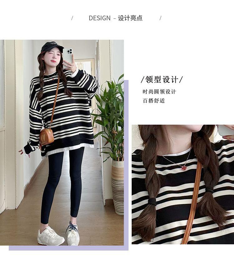 Maternity Round Neck Striped Oversized Sweatshirt Product Image