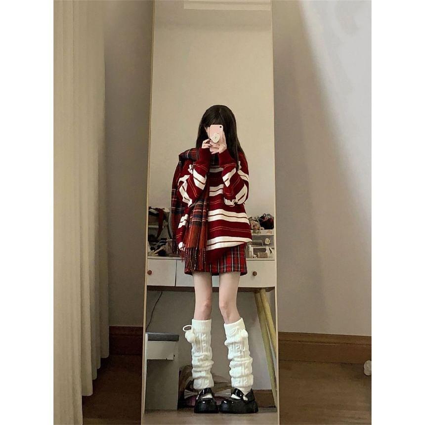 Round Neck Striped Sweater / High Rise Plaid Mini A-Line Skirt / Fringed Scarf / Set Product Image