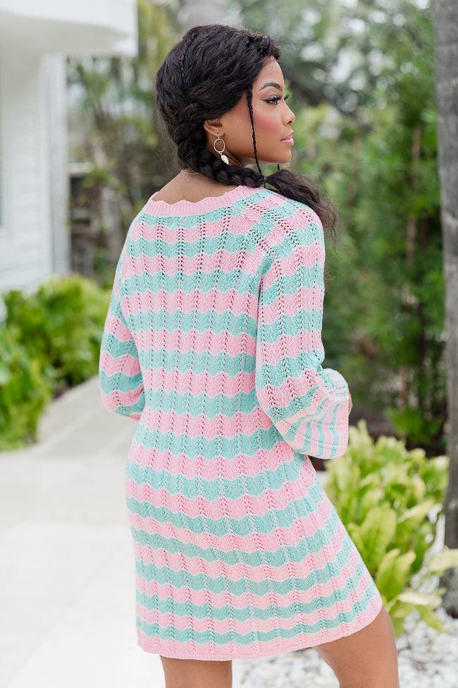 Summer Sass Pink and Mint Striped Crochet Mini Dress FINAL SALE Product Image