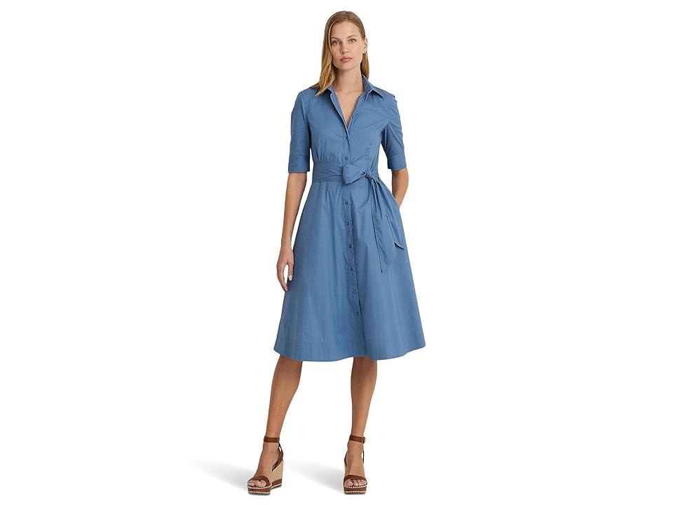 LAUREN Ralph Lauren Belted Cotton-Blend Shirtdress (Pale Azure) Women's Dress Product Image