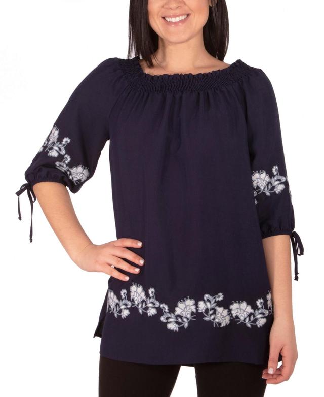 Ny Collection Womens Embroidered Elbow Sleeve Peasant Blouse Product Image