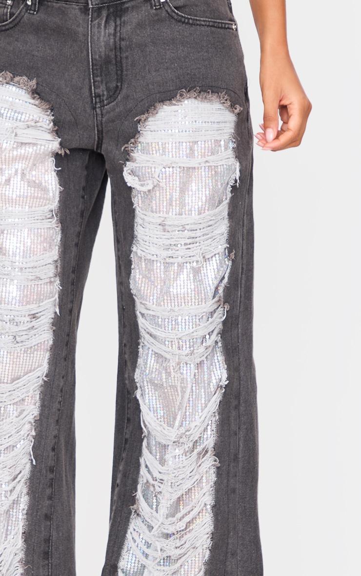 Washed Black Extreme Distressed Sequin Panel Straight Leg Jeans Product Image