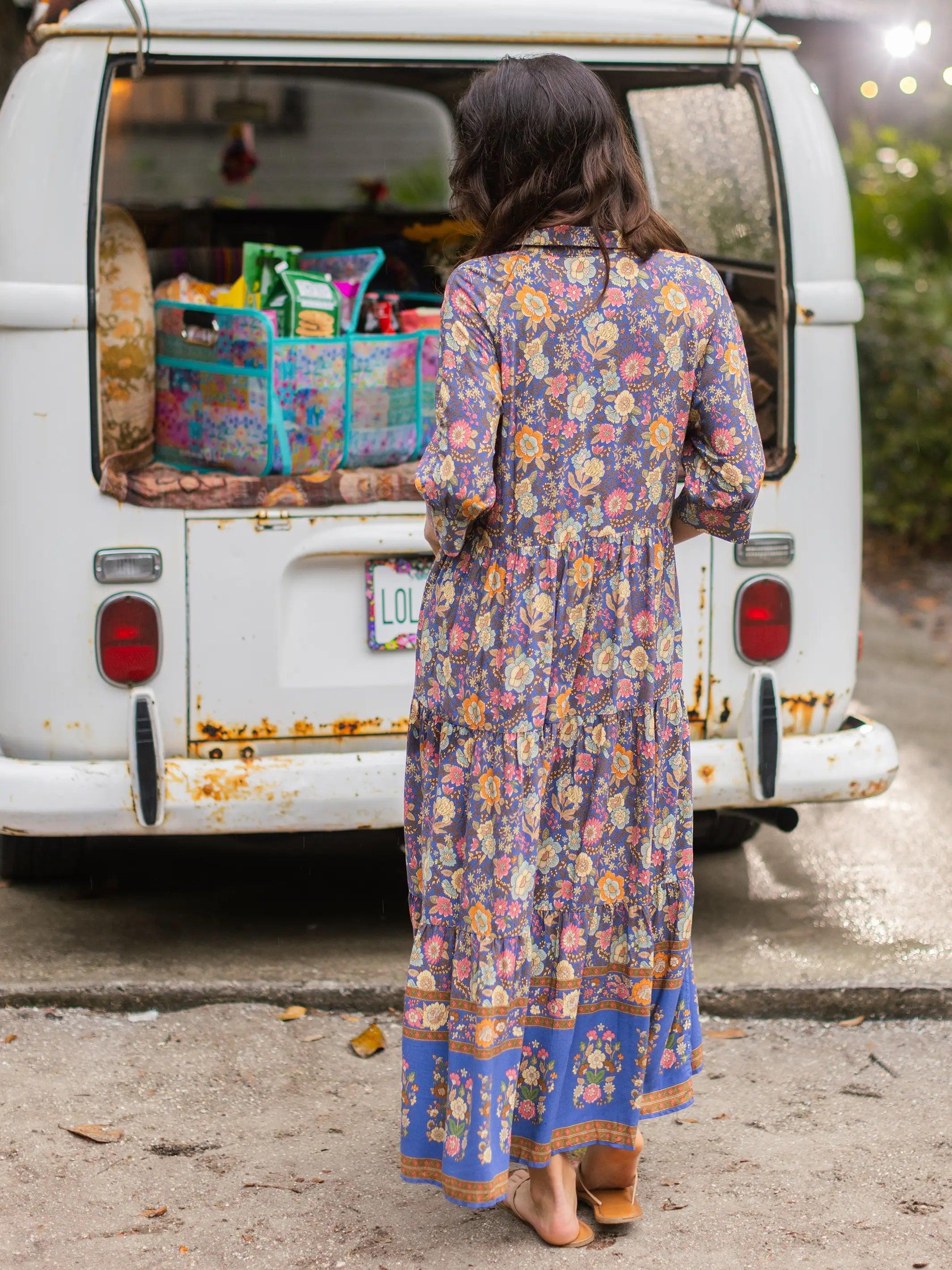 Rebecca Midi Dress - Blue Yellow Roses Border Product Image