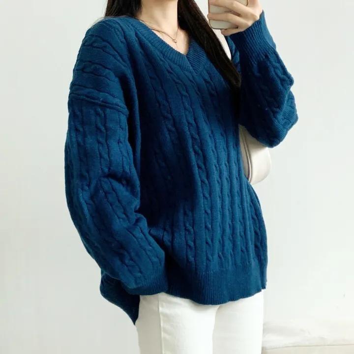 V-Neck Plain Cable-Knit Sweater Product Image