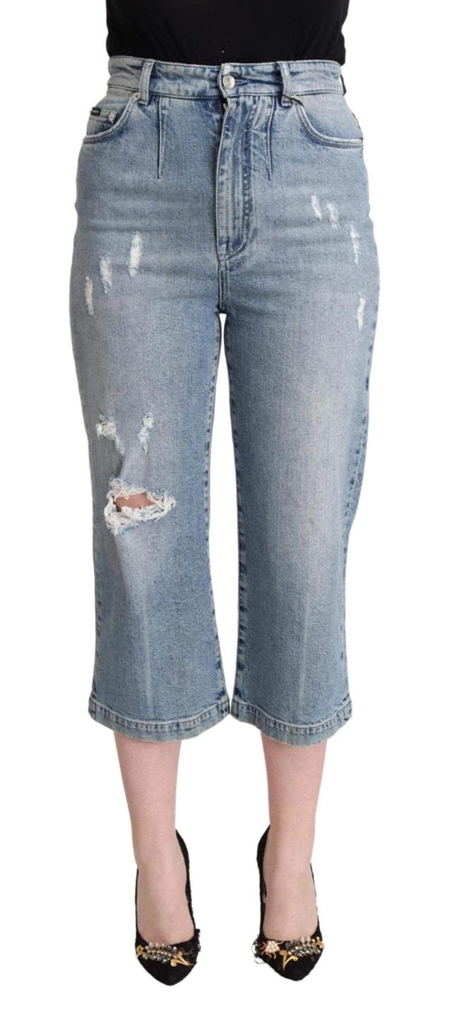 Blue Tattered Cotton Denim Capri Cropped Jeans Product Image