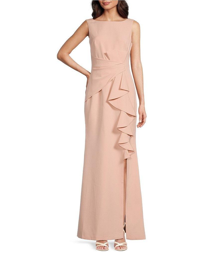 Eliza J Ruffle Front Pleat Waist Front Slit Boat Neck Sleeveless Sheath Gown Product Image