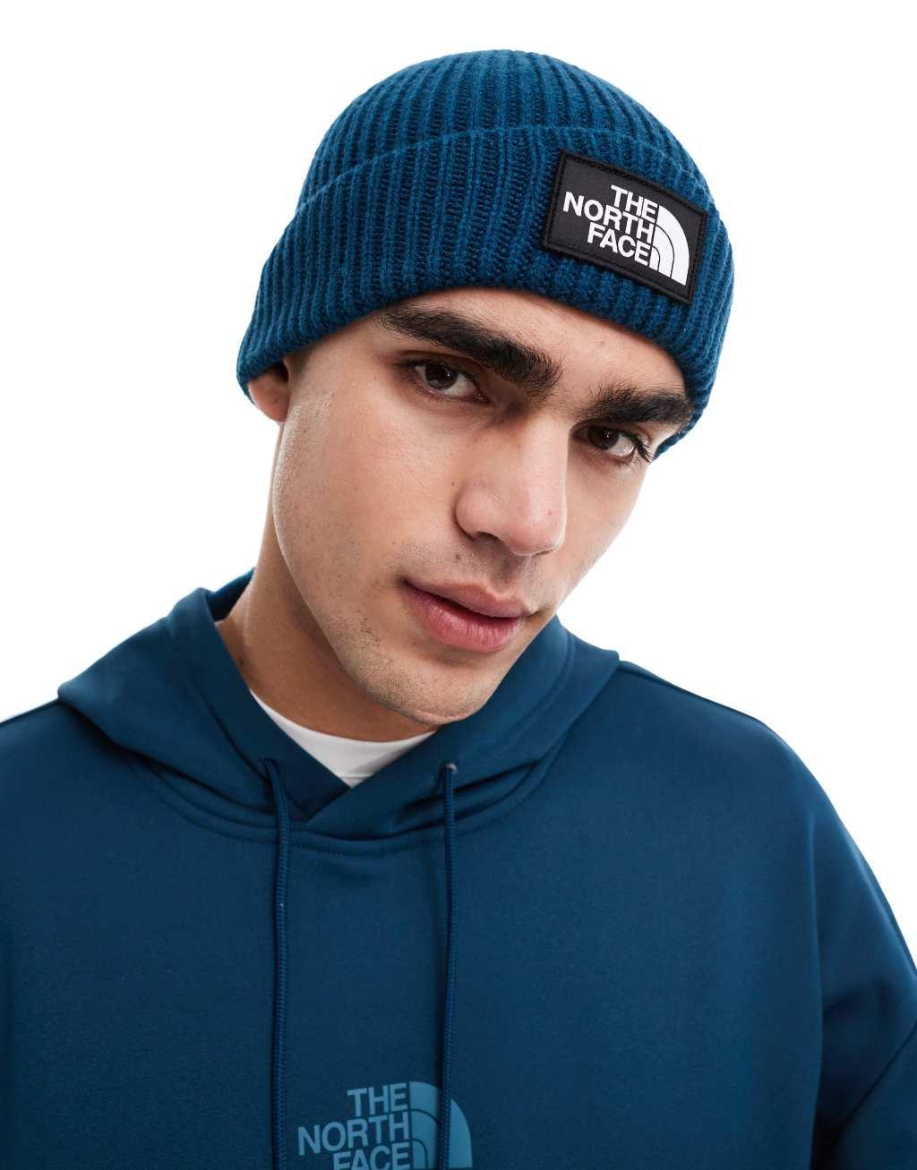 The North Face Logo Box cuffed beanie in petrol blue Product Image