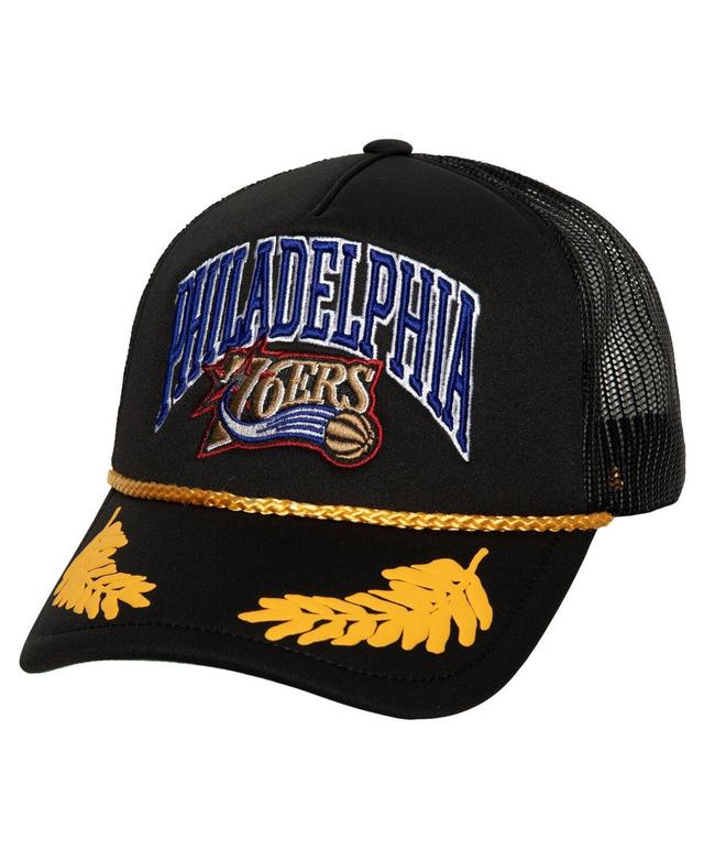 Mens Mitchell & Ness Black Philadelphia 76ers Hardwood Classics Gold Leaf Mesh Trucker Snapback Hat Product Image