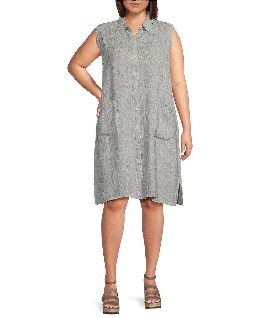 Eileen Fisher Plus Size Striped Crinkle Organic Linen Point Collar Sleeveless Button-Front Shirt Dress Product Image