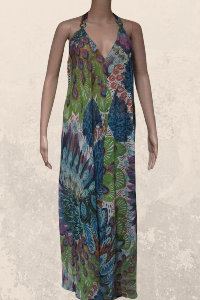 Sheer Halter Style CoverUp-Dress in a Blue Peacock Print Product Image