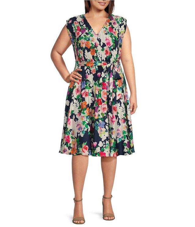 Jessica Howard Plus Size Cap Sleeve V-Neck Tie Waist Floral Pleated Dress Product Image