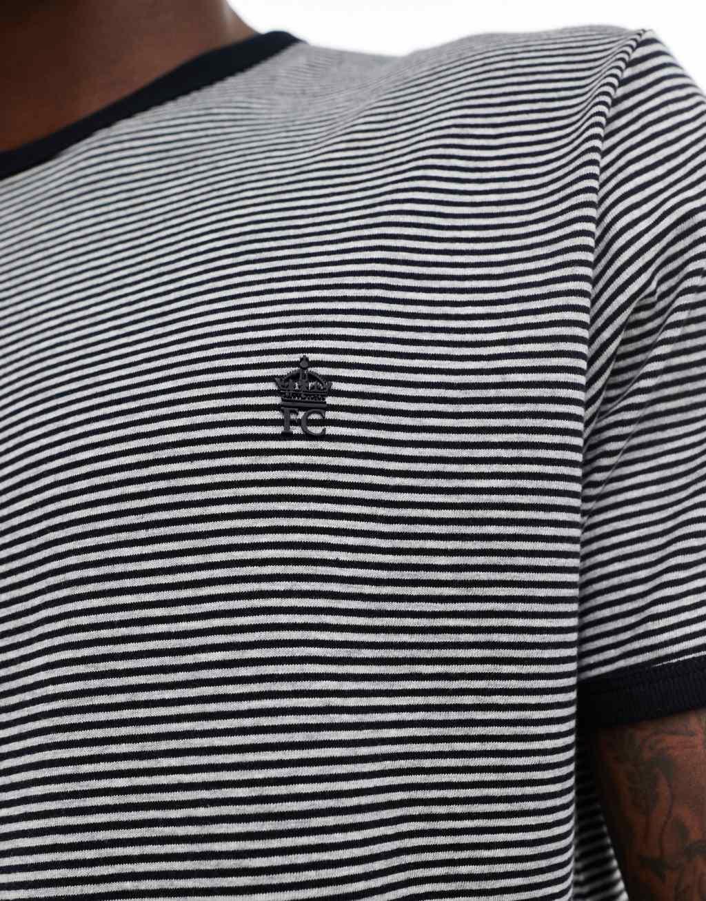 French Connection small stripe yarn dye T-shirt in navy & light gray melange Product Image