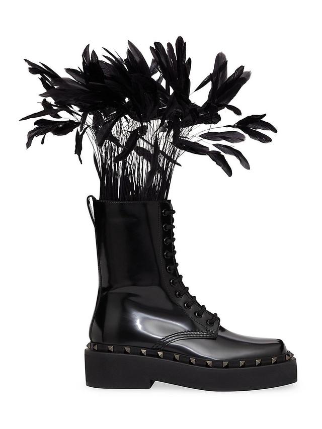 Womens Rockstud M-Way Combat Boots In Calfskin With Feathers 50mm Product Image