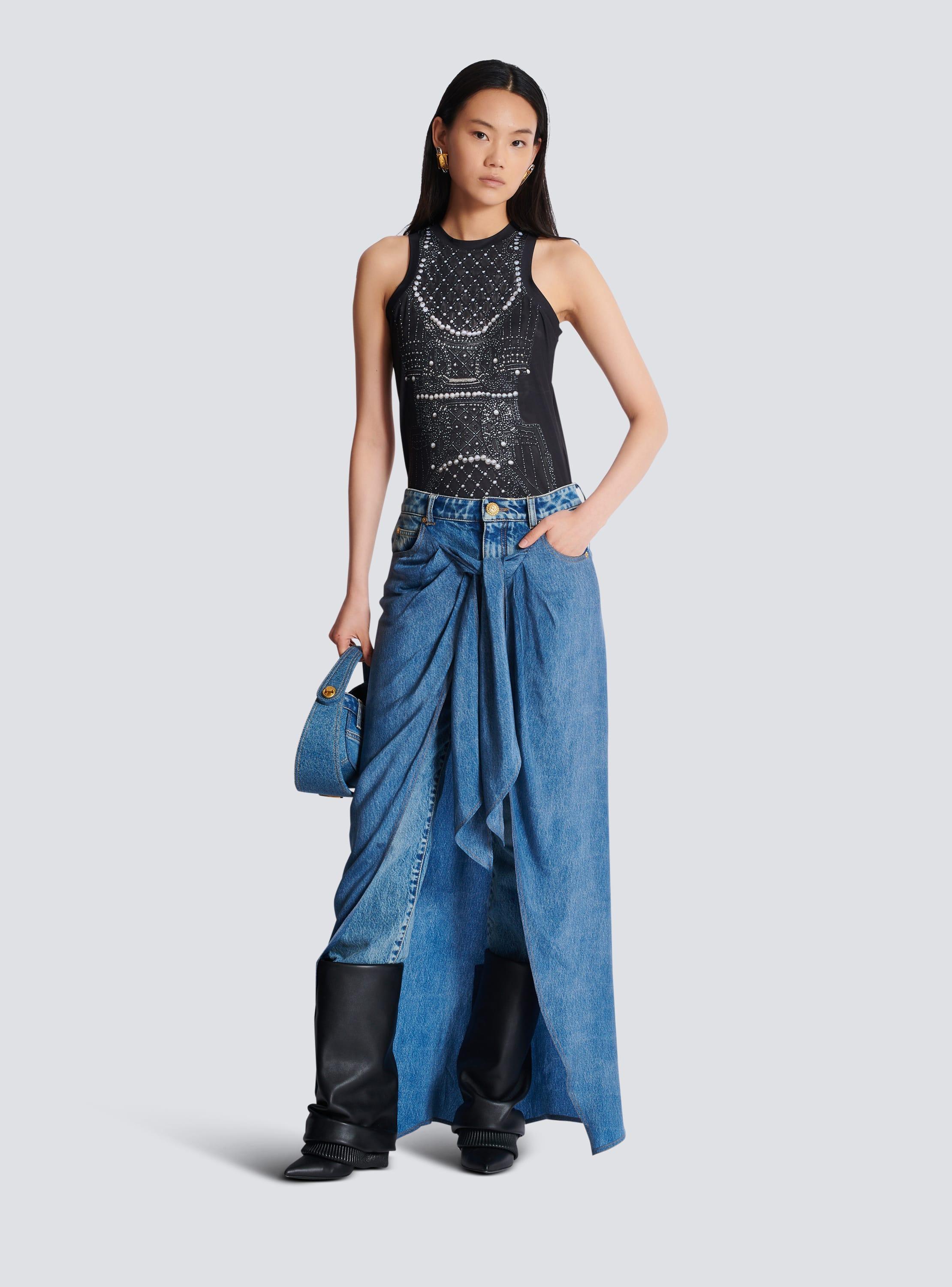 Denim jeans with draped skirt Product Image