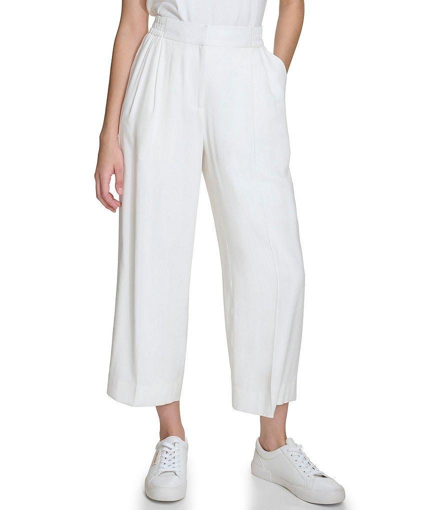 Calvin Klein High Rise Pleated Smocked Waist Side Pocket Straight Leg Cropped Pants Product Image