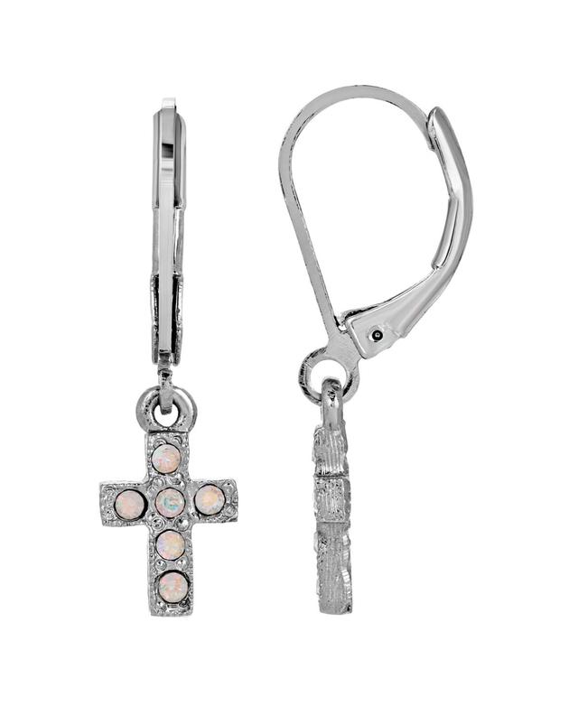 Symbols of Faith Silver-Tone Crystal AB Cross Drop Earrings, Womens Product Image