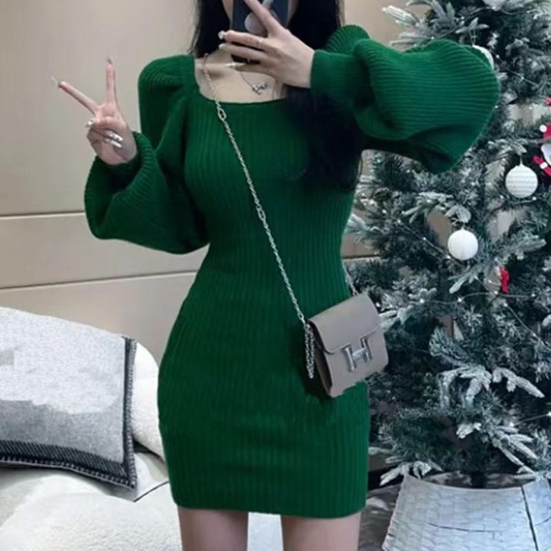 Puff-Sleeve Square Neck Plain Ribbed Knit Mini Sheath Dress Product Image