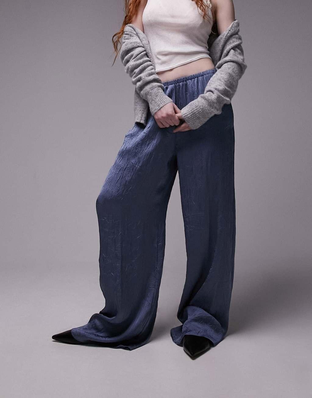 Topshop crinkle satin wide leg pull on pants in air force blue Product Image