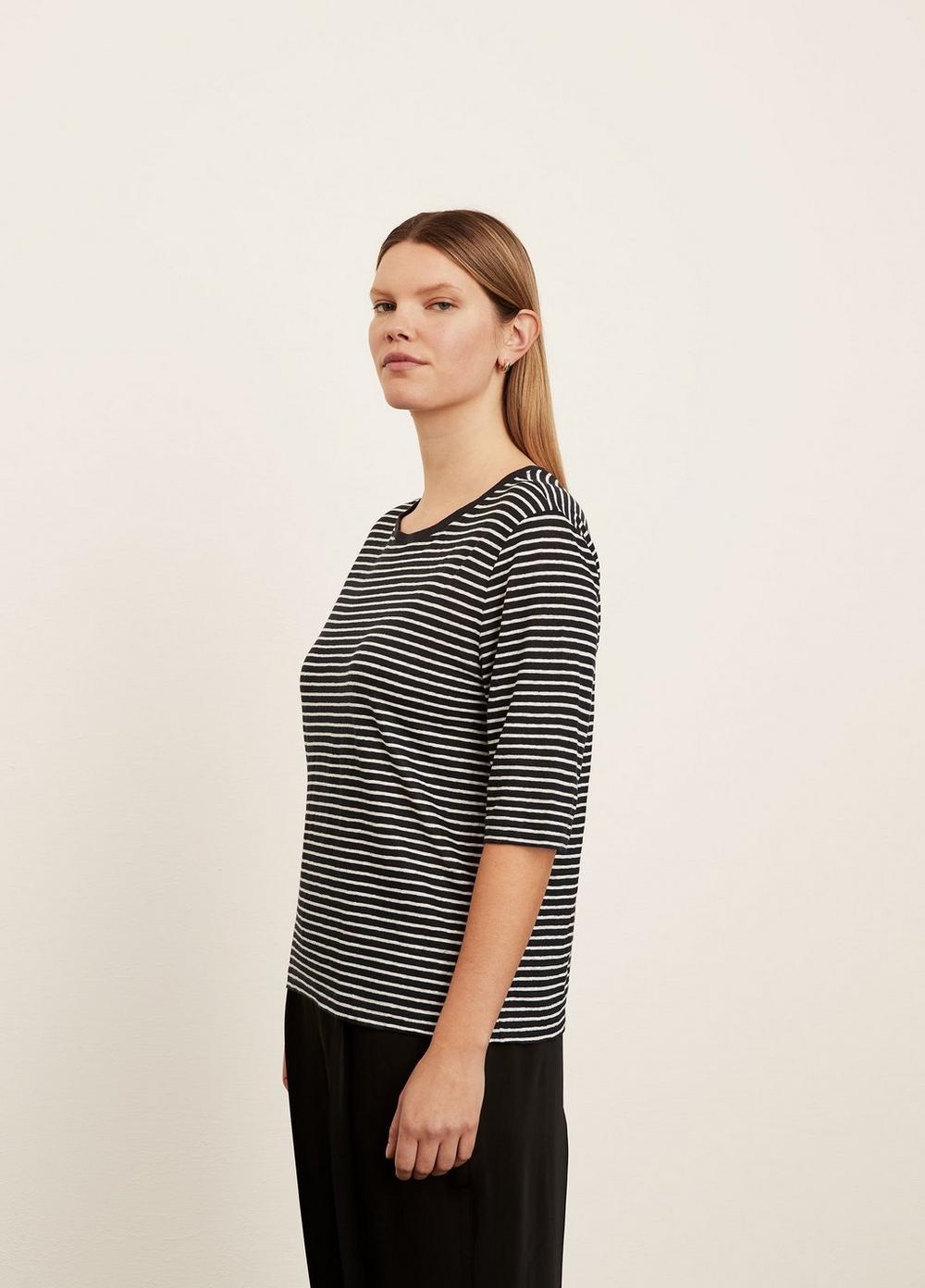 Striped Linen Elbow Sleeve Crew Neck T-Shirt Product Image