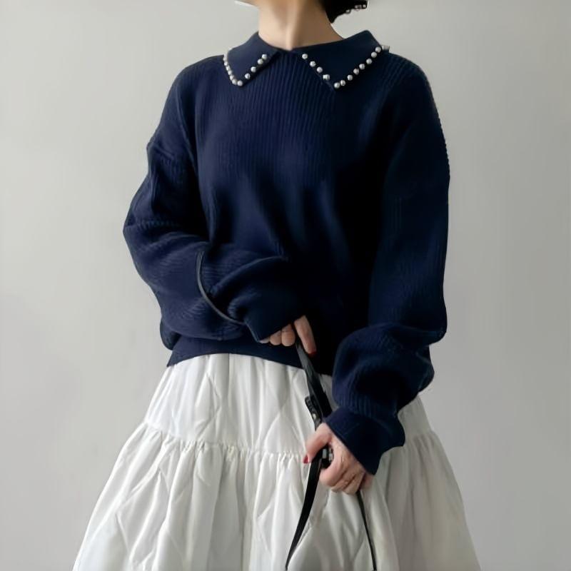 Long Sleeve Faux Pearl Collar Ribbed Sweater Product Image