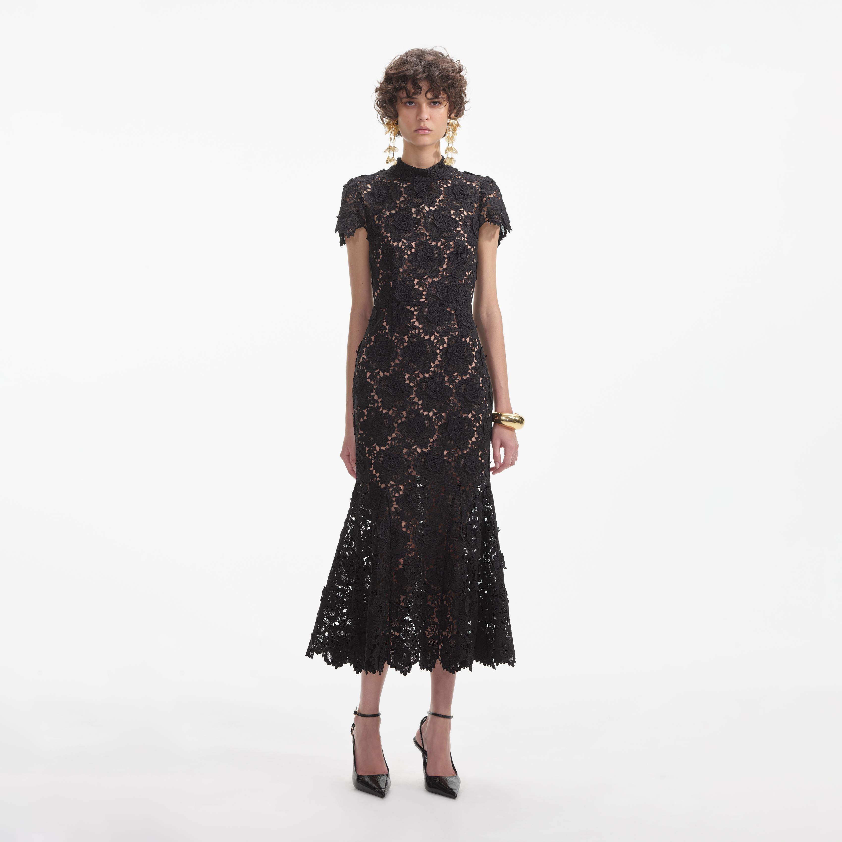 Black Flower Lace Midi Dress Product Image