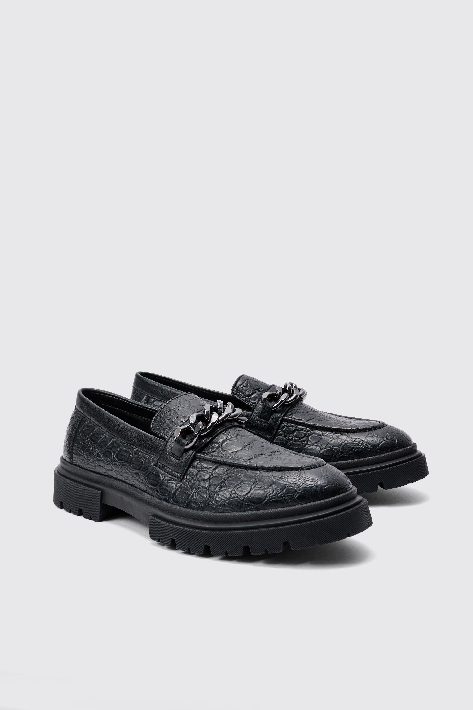 Pu Loafer With Chunky Chain Detail In Black | boohooMAN USA Product Image