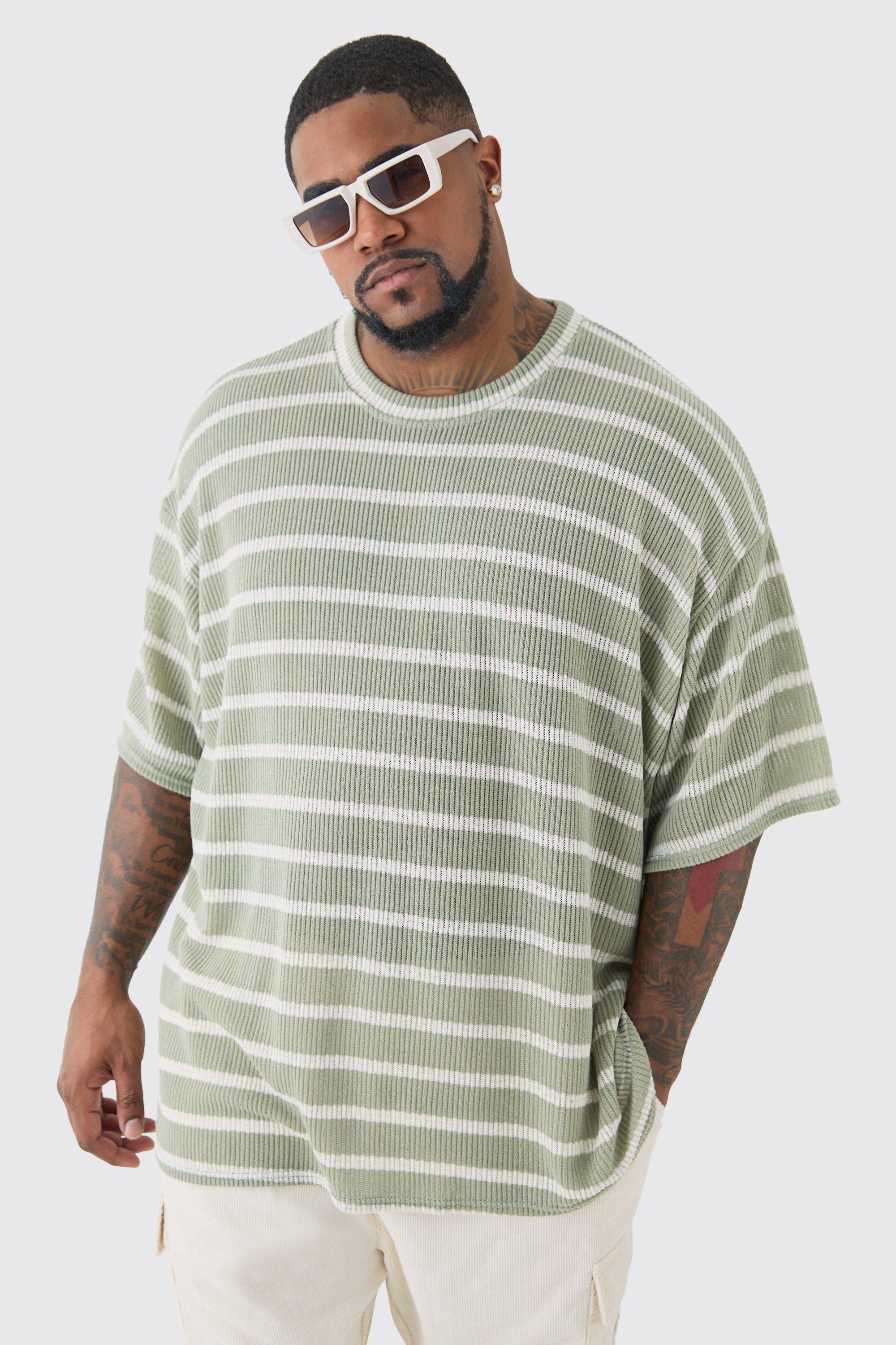 Mens Green Plus Stripe Knit Relaxed T-shirt, Green Product Image